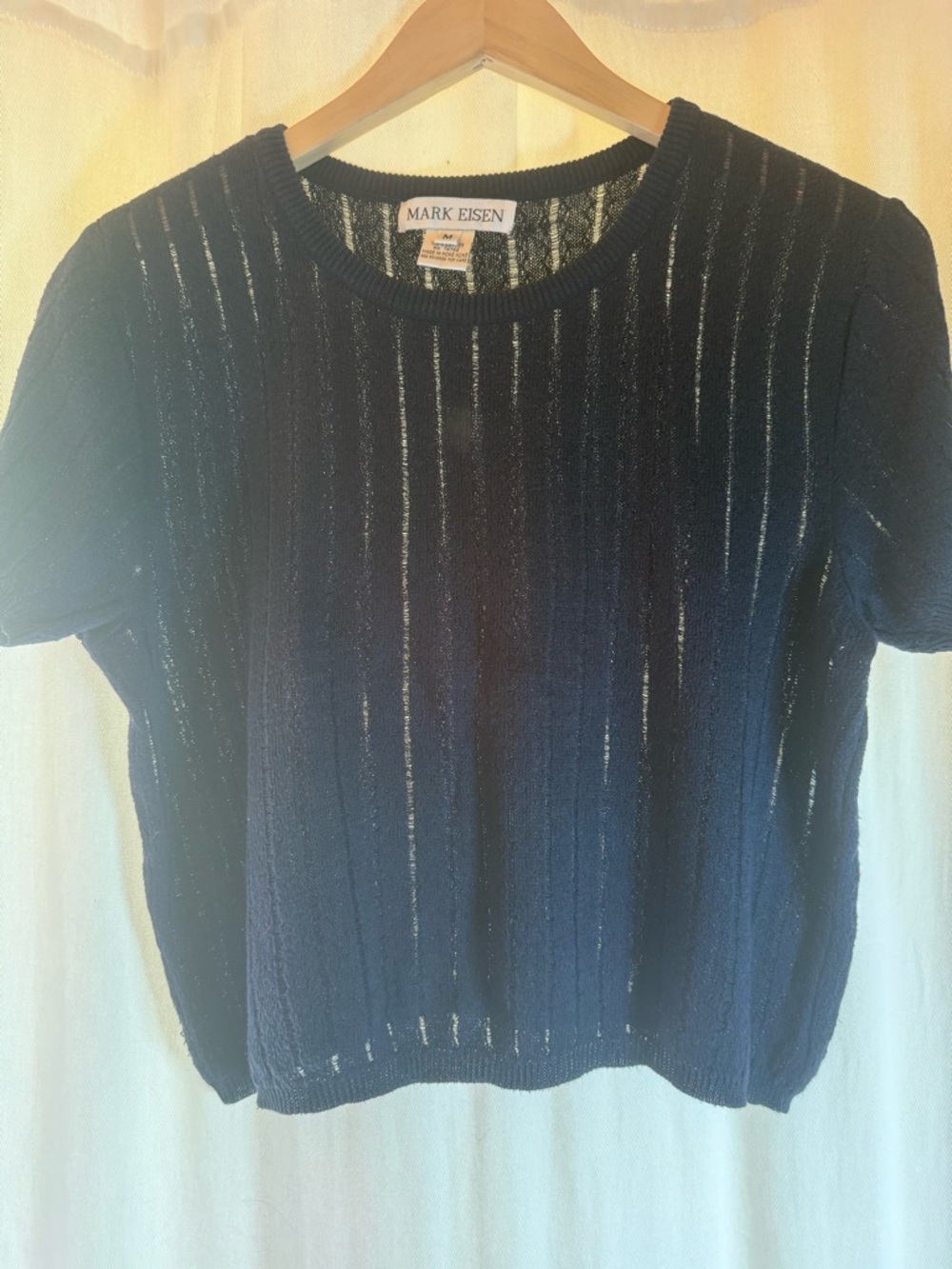 Mark Eisen Cropped Navy Short-Sleeve Crewneck Sweater